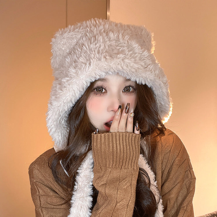 流行帽子|冬季新款可愛小熊耳朵毛絨帽子女綁帶毛線帽大頭圍護耳保暖針織帽「C4841」24.11-3