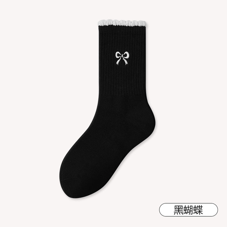 女襪|miu系蝴蝶結襪子女彈力無骨吸汗透氣中筒襪棉質親膚舒適堆堆襪「ZX25509」25.08-3