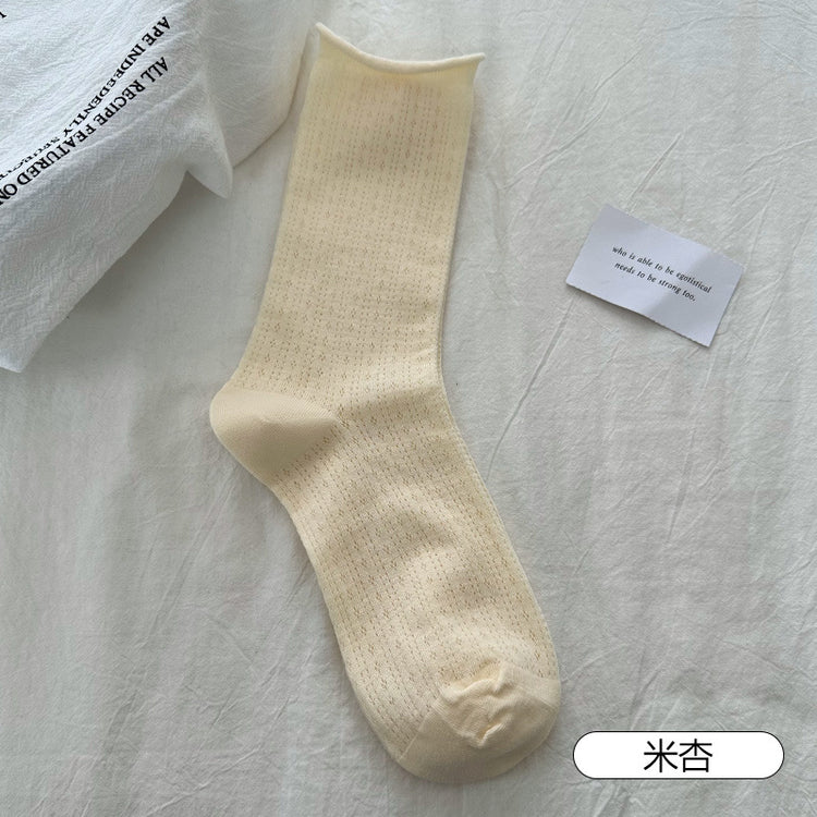 女襪|灰色襪子女夏季薄款網眼透氣中筒襪miu系配瑪麗珍彈力無骨堆堆襪「YJ24126」25.04-4