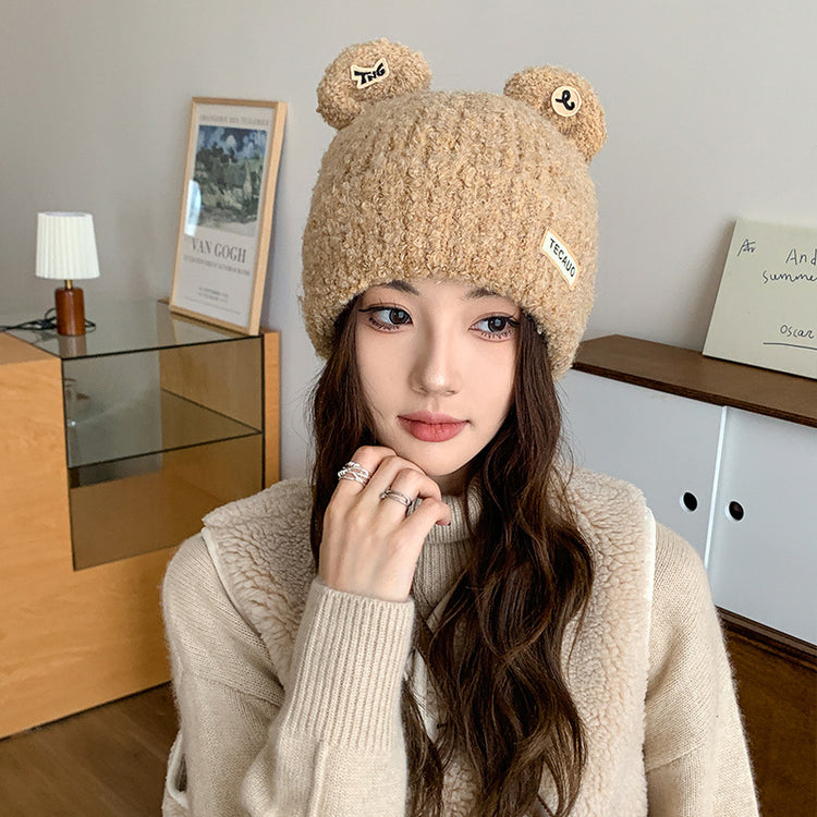 流行帽子|新款時尚側標TEC小熊耳朵針織帽秋冬可愛保暖護耳帽百搭休閒帽子「C4678」24.10-3