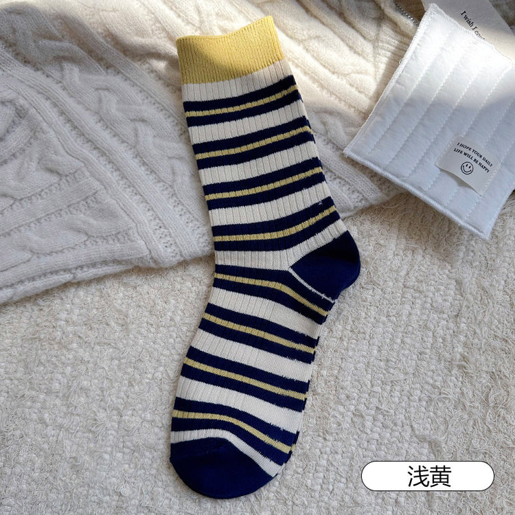女襪|撞色條紋襪子女棉質吸汗透氣彈力中筒襪親膚舒適ins潮休閒堆堆襪「MK4150」25.09-1