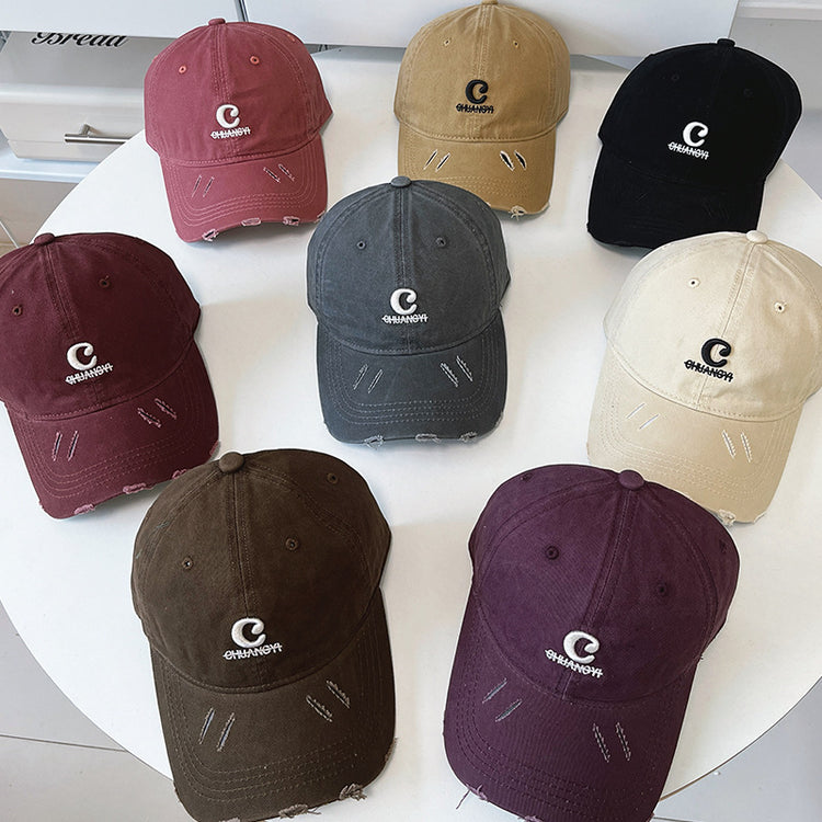 流行帽子|字母破洞棒球帽子女春夏新款復古百搭遮陽帽顯臉小軟頂鴨舌帽子男「C4884」24.12-5