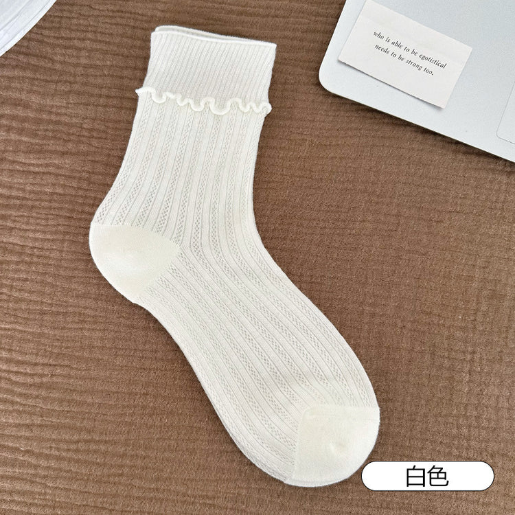 女襪|彈力木耳邊襪子女棉質吸汗透氣薄款堆堆襪竪條鏤空網眼舒適中筒襪「CX798」25.08-1