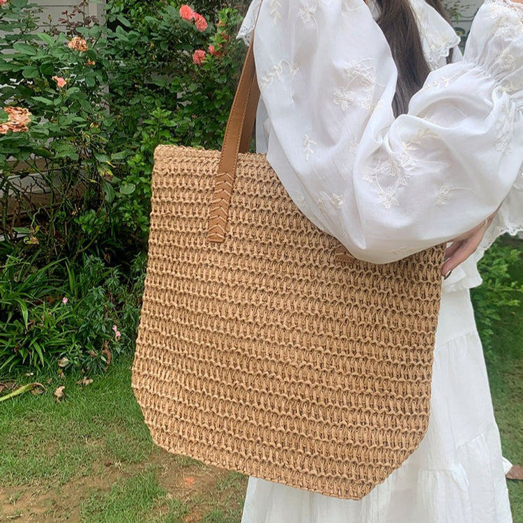 日韓流行|夏季大容量草編包包女2024新款洋氣通勤單肩包海邊沙灘編織托特包「9413#」24.06-2