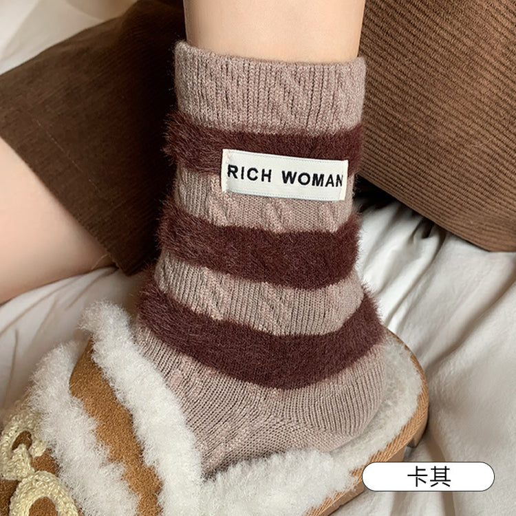 女襪|美拉德條紋羊毛襪秋冬加絨加厚保暖中筒襪時尚布標ins潮流睡眠襪「MK4225」24.11-1