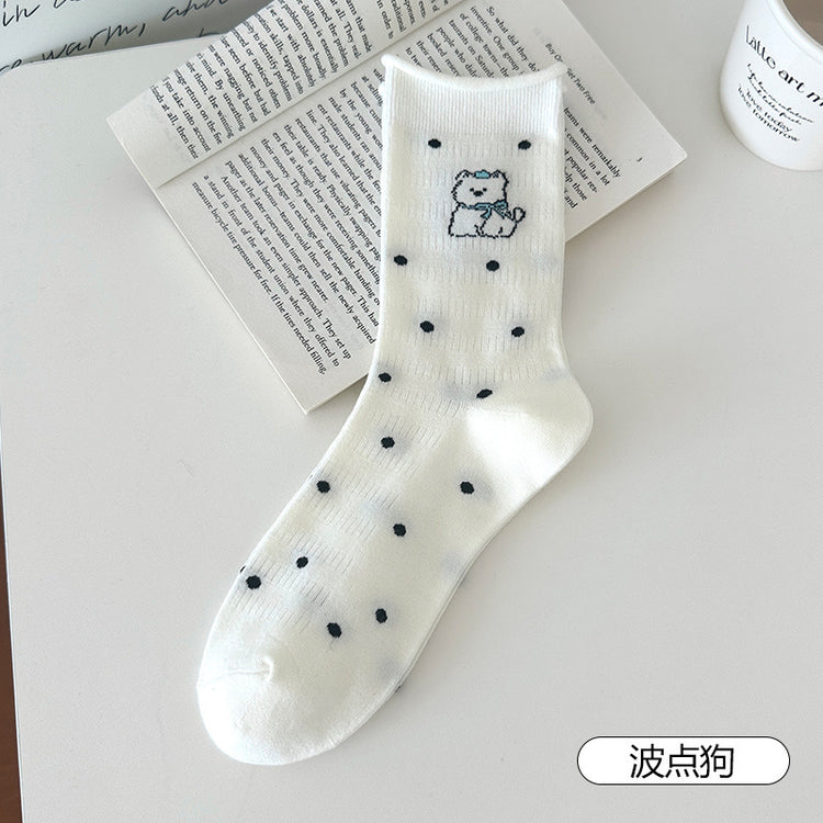 女襪|卡通可愛小狗襪子女夏季通勤簡約ins潮中筒襪棉質吸汗透氣堆堆襪「XH2506」25.06-4