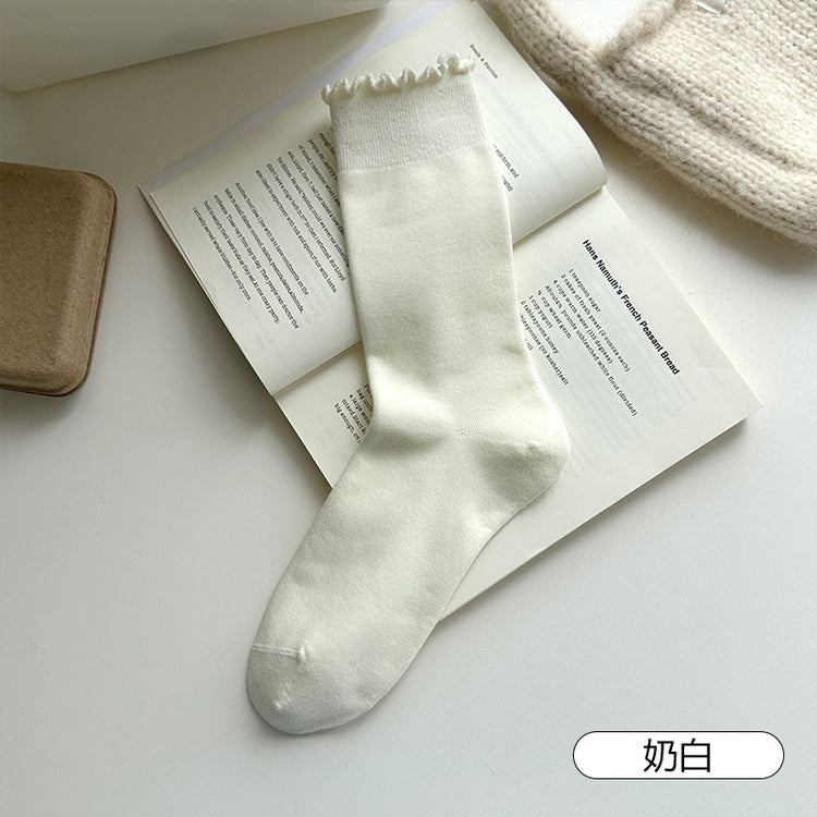 女襪|純色襪子女彈力木耳邊親膚舒適堆堆襪棉質吸汗透氣抑菌防臭中筒襪「DS1153」25.09-3