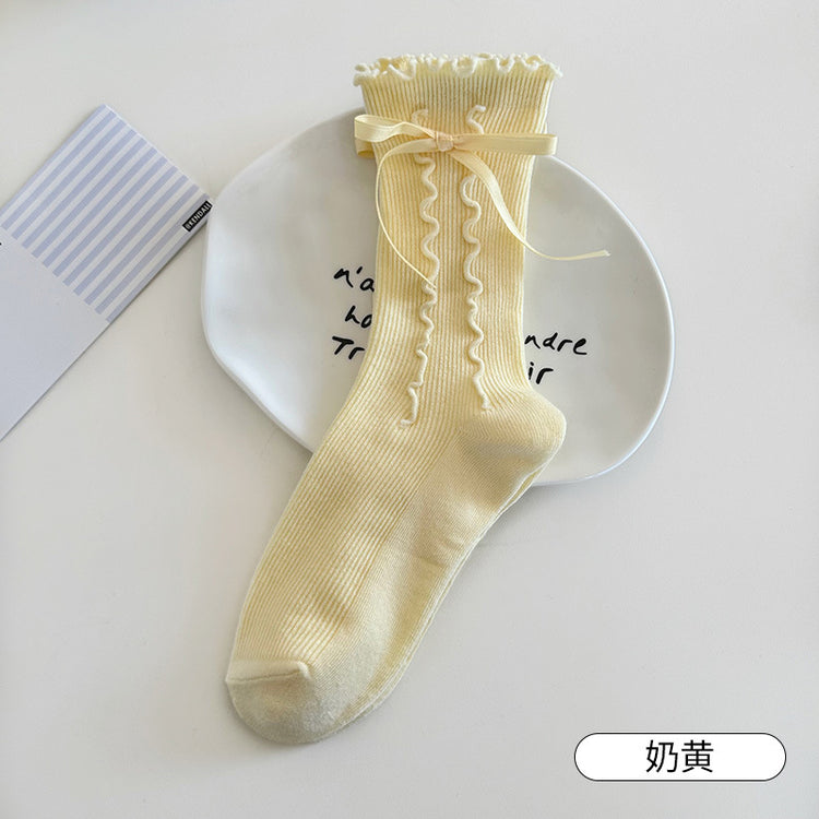 女襪|miu系蝴蝶結襪子女棉質吸汗透氣彈力中筒襪親膚舒適木耳邊堆堆襪「CX673」25.08-4