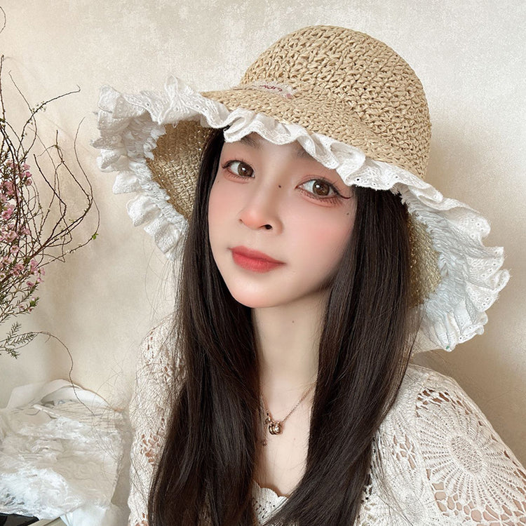 流行帽子|蕾絲邊草帽女夏季甜美大帽檐手工編織遮陽帽戶外海邊度假太陽帽子「C5023」25.02-3