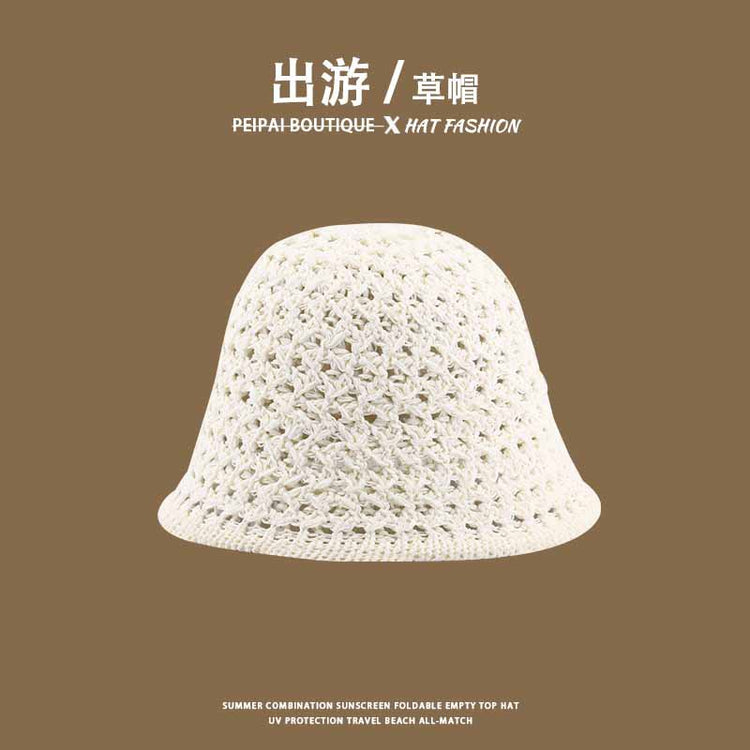 流行帽子|草帽編織女可折疊沙灘帽夏季鏤空透氣水桶帽甜美海邊遮陽帽子批發「C3748」24.03-4