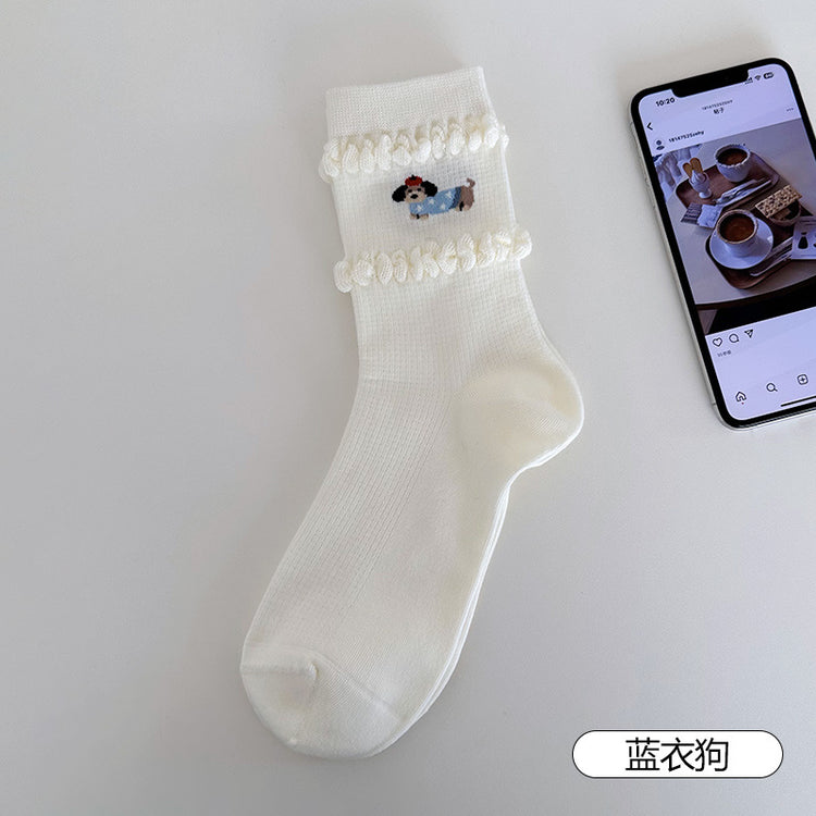 女襪|卡通圖案襪子女棉質吸汗透氣彈力中筒襪花邊襪口潮流好搭堆堆襪「MYH2505」25.04-1