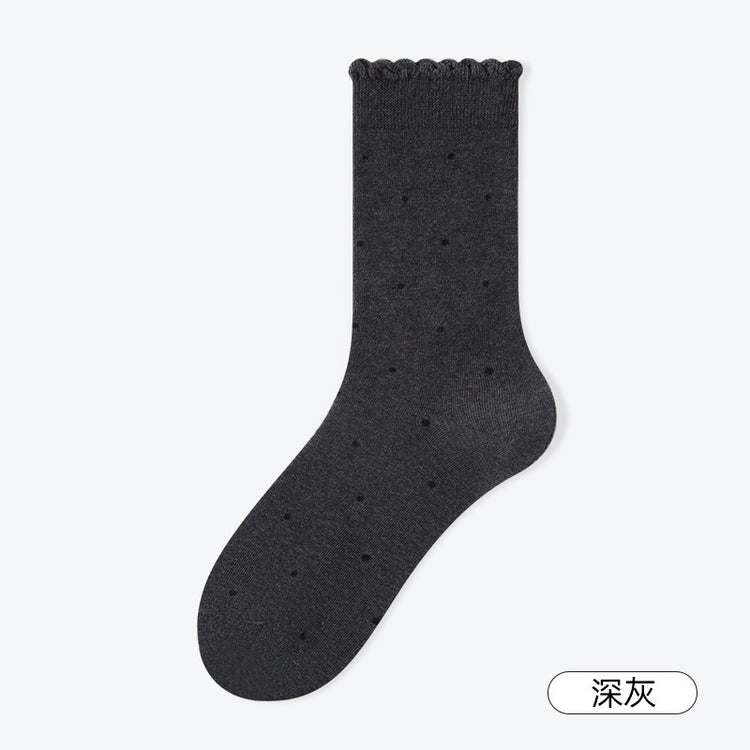 女襪|灰色堆堆襪子女撞色波點彈性花邊羅口中筒襪棉質吸汗透氣休閒襪「YS25803」25.02-2