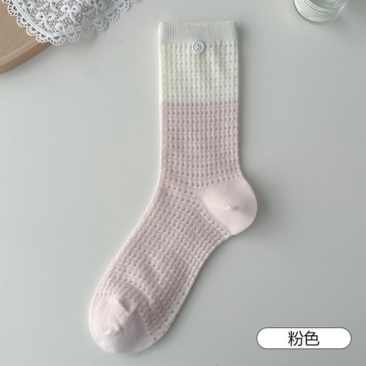 女襪|紐扣襪子女夏季薄款ins潮流拼色中筒襪無骨網眼透氣諸暨襪子批發「QP2515」25.04-2