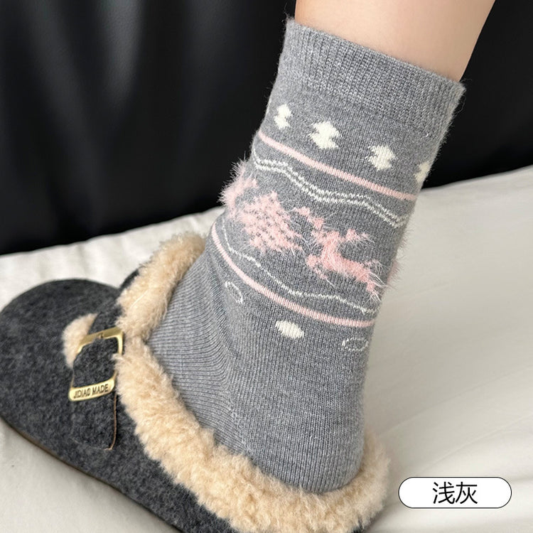 女襪|襪子女士復古費爾島加厚保暖羊毛襪ins通勤簡約彈力中筒襪「DMS5053」25.11-4