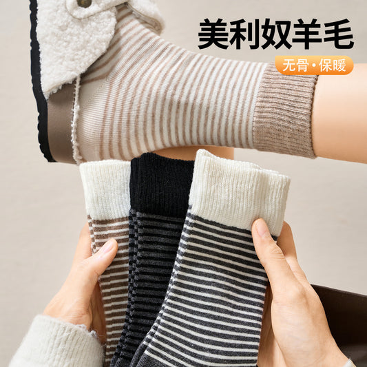 女襪|美利奴羊毛襪子女冬季加厚保暖條紋中筒襪彈力無骨親膚舒適堆堆襪「TY139」25.10-4