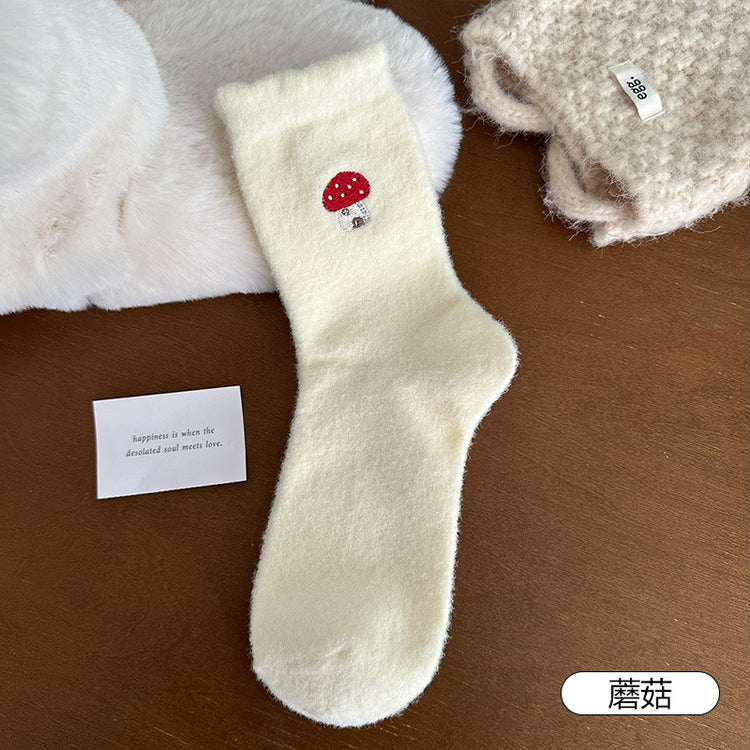 女襪|白色澳絨襪子女秋冬季加絨加厚保暖中筒襪可愛卡通刺繡諸暨襪子「H5785」25.11-3