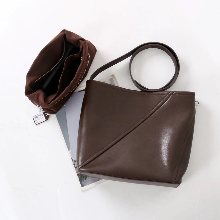 質感真皮|2025新款大容量牛皮拼接質感通勤子母包時尚百搭單肩腋下水桶包女「7056」25.09-3