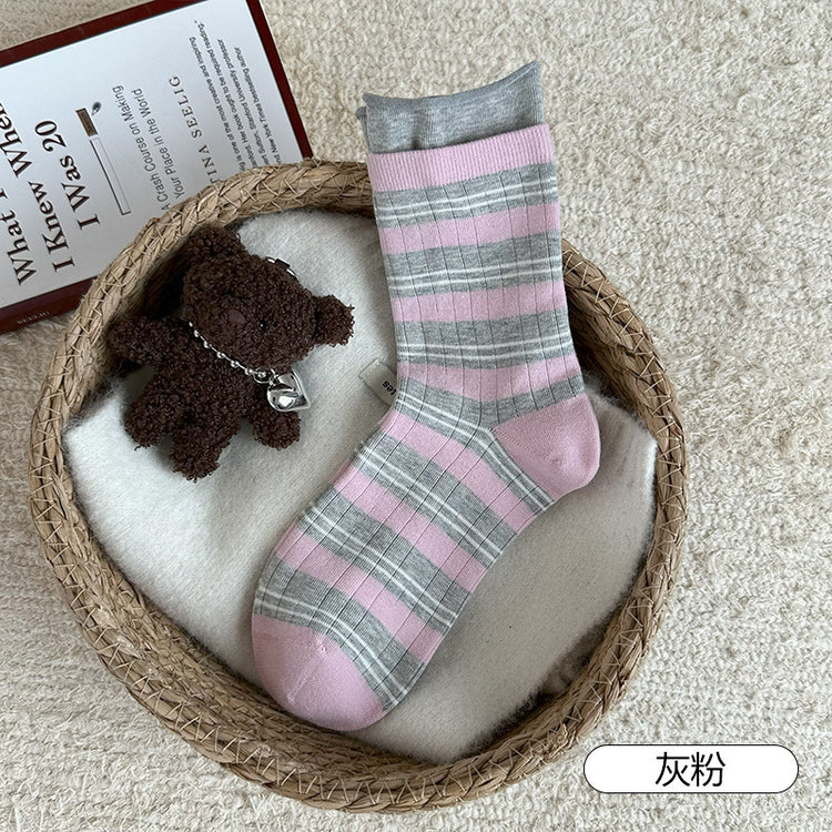 女襪|撞色雙羅口襪子女彈力無骨卷邊條紋堆堆襪棉質吸汗透氣防臭中筒襪「CX802」25.09-3