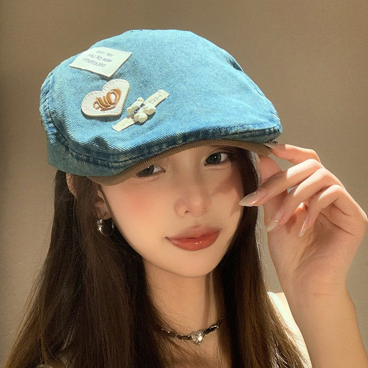 流行帽子|日系復古愛心小熊牛仔拼色檐帽子ins秋季新品可百搭愛甜美前進帽「C4457」24.09-3
