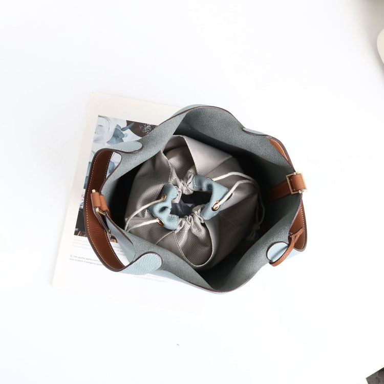 質感真皮|togo頭層牛皮拼接菜籃2024年新款時尚軟牛皮水桶包手提手拎包「226#」24.10-3