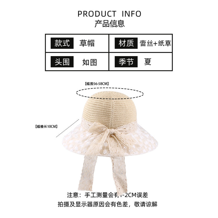流行帽子|夏季草帽女新款大檐網眼蕾絲防曬帽遮臉百搭防紫外線沙灘太陽帽子「C3880」24.04-4