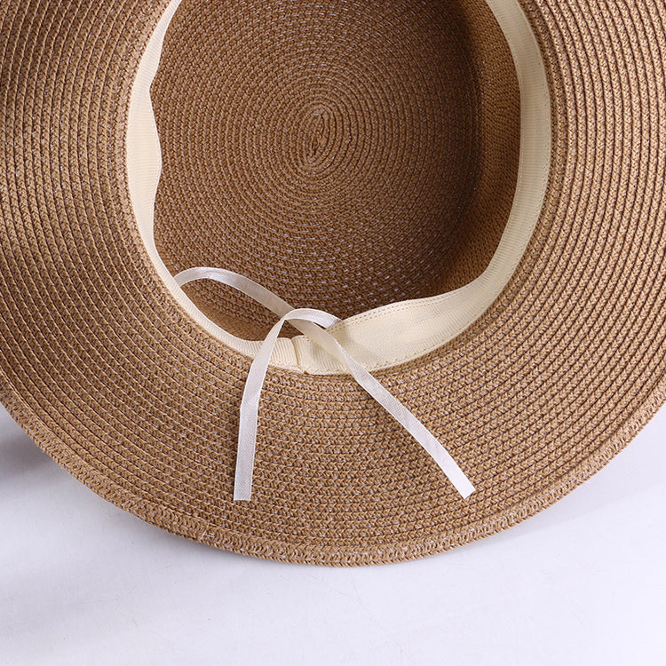 流行帽子|海邊草帽夏季遮陽遮臉防曬帽珍珠花朵赫本風沙灘度假平頂草編禮帽「C4107」24.07-4