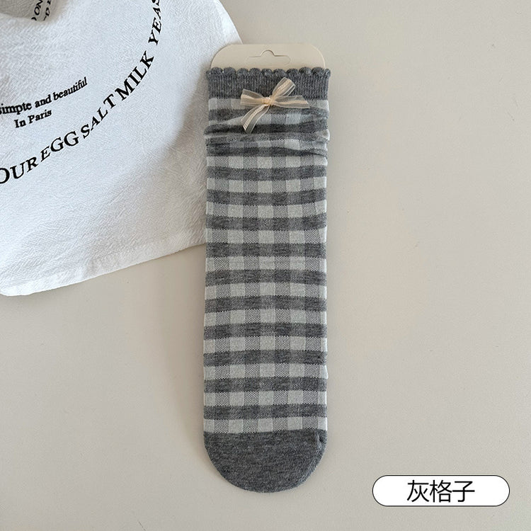女襪|襪子女士miu系蝴蝶結親膚舒適中筒襪夏季薄款吸濕透氣堆堆襪「SM2510」25.04-4