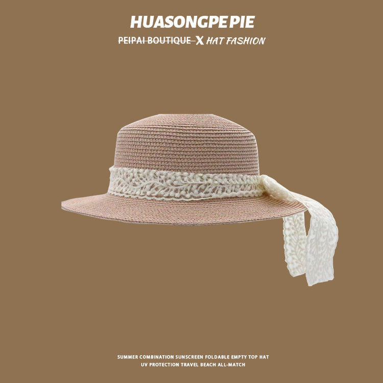 流行帽子|帽子女夏季新款防曬帽日系純色草編蕾絲蝴蝶結草帽出遊百搭遮臉帽「C3986」24.06-4