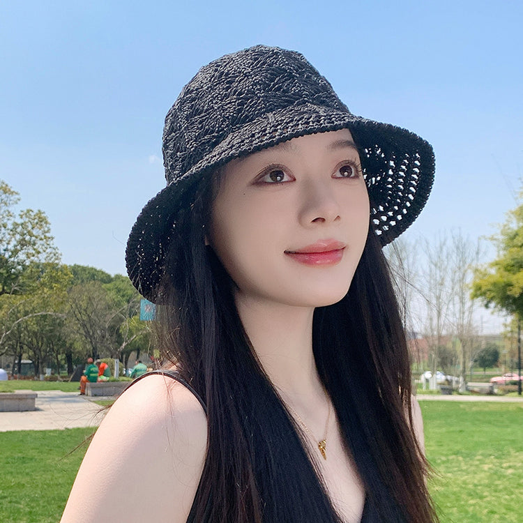 流行帽子|春夏新款帽子女簡約百搭漁夫帽鏤空透氣針織太陽帽出遊遮陽防曬帽「C5144」25.04-1