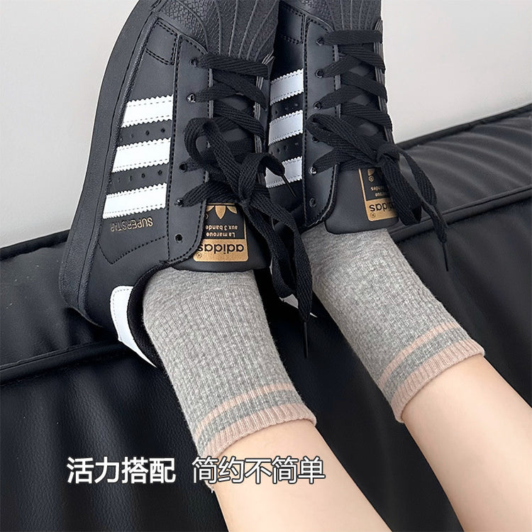女襪|灰色襪子女竪條顯瘦羅口二槓學院風運動襪棉質親膚舒適彈力中筒襪「FM5090」25.03-1