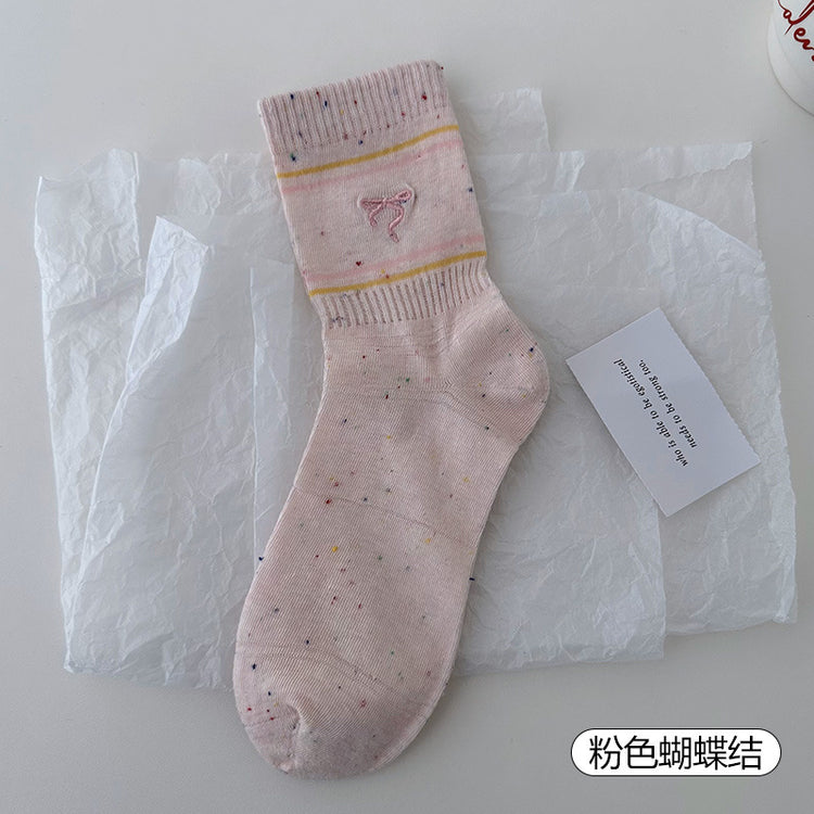 女襪|刺繡蝴蝶結襪子女棉質軟糯親膚舒適中筒襪點子紗春夏季薄款堆堆襪「W0122」25.03-3