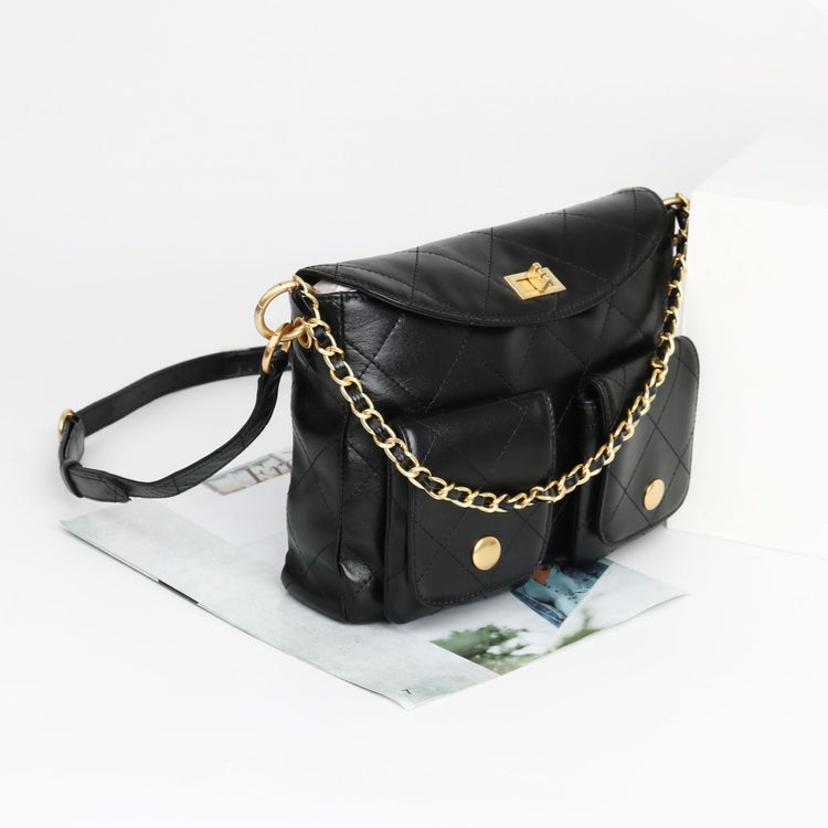 質感真皮|小香風菱格鏈條包頭層牛皮hobo鏈條腋下包郵差包口袋機車時尚百搭「3622」24.08-4