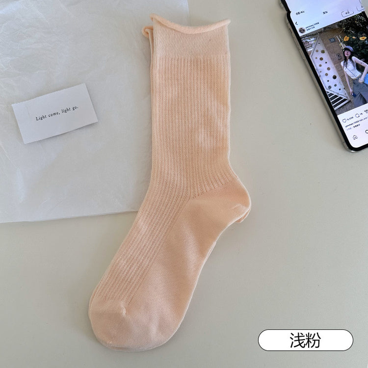 女襪|灰色堆堆襪子女棉質鏤空網眼透氣中筒襪親膚舒適彈力無骨休閒襪「MI1141」25.04-4