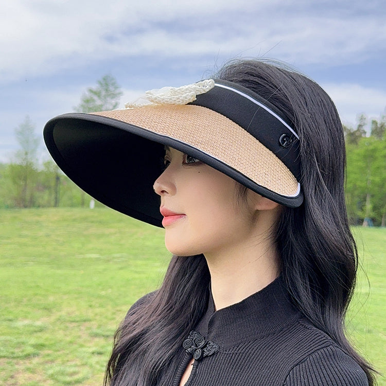 流行帽子|蕾絲蝴蝶結空頂帽女夏季黑膠防紫外線遮陽帽加寬帽檐沙灘太陽帽子「C3802」24.04-3