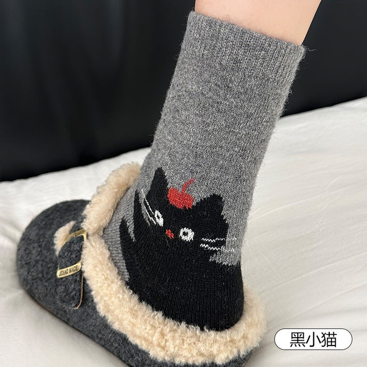 女襪|後跟卡通圖案襪子女冬季加厚保暖羊毛襪日系學院風彈力舒適中筒襪「GO2585」25.11-4