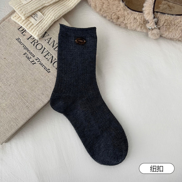 女襪|灰色羊毛襪子女冬季加絨加厚保暖愛心蝴蝶結堆堆襪彈力親膚中筒襪「HD25856」25.11-2