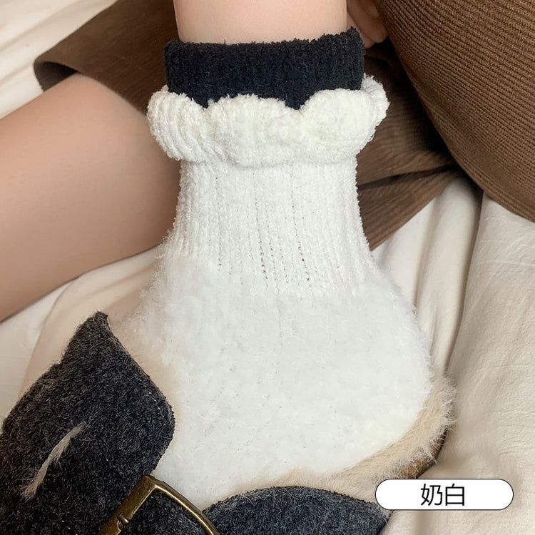 女襪|珊瑚絨襪子女秋冬季美拉德彈力保暖中筒襪加絨加厚居家睡眠地板襪「AD2415」24.11-2