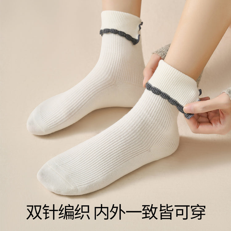 女襪|雙針撞色翻邊襪子女棉質吸汗透氣彈力堆堆襪親膚舒適抗起球中筒襪「AC8842」25.09-2