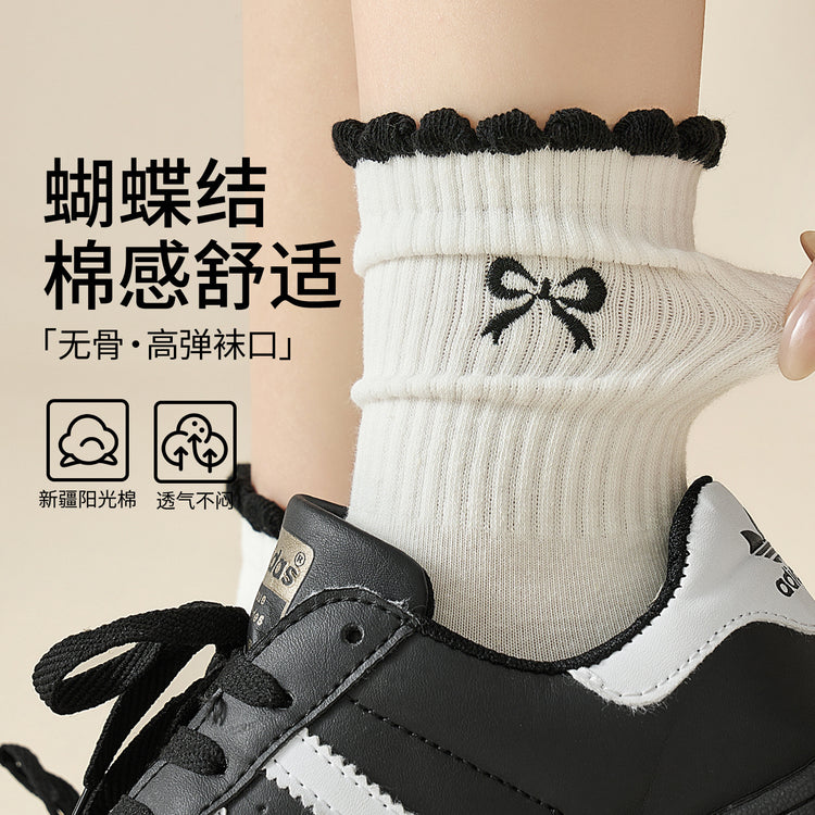 女襪|miu系蝴蝶結襪子女彈力無骨吸汗透氣中筒襪棉質親膚舒適堆堆襪「ZX25509」25.08-3