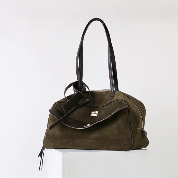 質感真皮|2025新款百搭輕奢磨砂牛皮波士頓大包單肩托特枕頭通勤保齡球包「X3989D3988」25.09-3