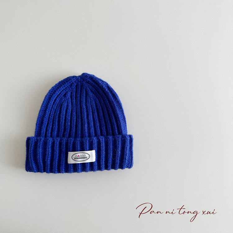 流行帽子|24年秋~字母布標純色毛線帽兒童護耳針織冷帽男女童寶寶保暖帽子「3103SG7」24.10-1