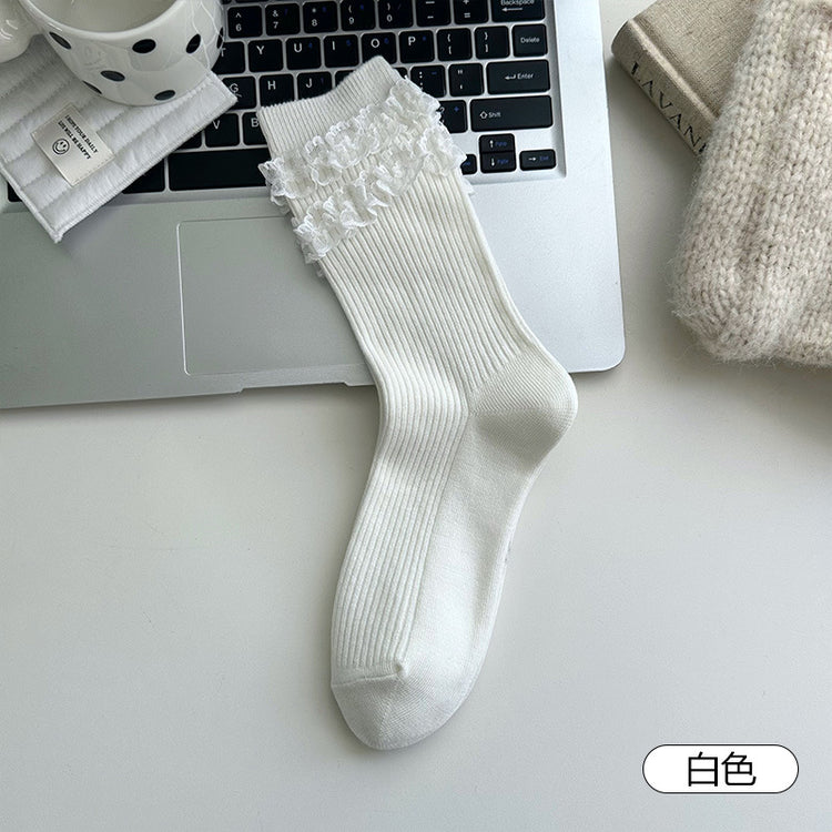 女襪|雙層蕾絲花邊襪子女竪條顯瘦彈力舒適中筒襪棉質吸汗透氣堆堆襪「XC2350」25.09-5