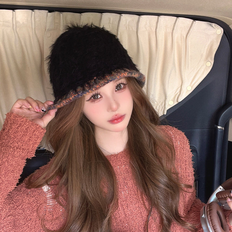 流行帽子|帽子女秋冬季彩虹檐邊毛絨針織水桶帽加厚保暖毛茸茸顯臉小毛線帽「C4442」24.09-2