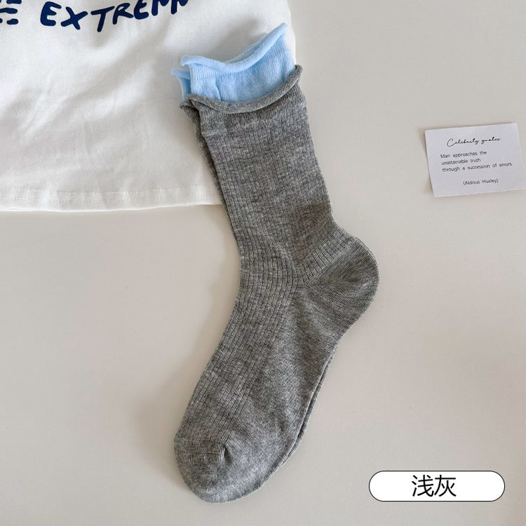 女襪|拼色雙羅口襪子女棉質親膚吸汗透氣中筒襪彈力無骨潮流簡約堆堆襪「MK5084」25.06-1