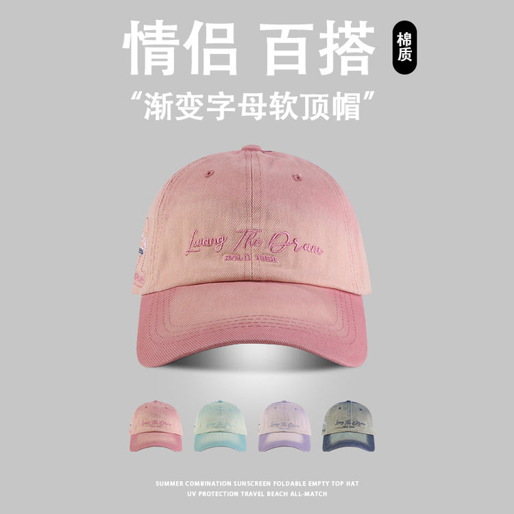 流行帽子|漸變字母刺繡棒球帽子女寬檐顯臉小防曬帽軟頂百搭日系鴨舌帽子男「C4217」24.08-1