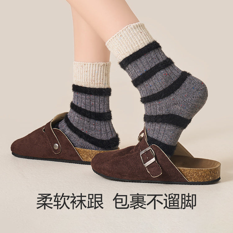 女襪|羊毛襪子女點子紗加厚保暖親膚舒適堆堆襪秋冬拼色條紋彈力中筒襪「YJ8022」24.12-5