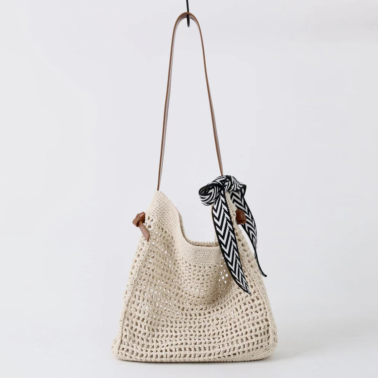 質感真皮|2025新款蠟繩編織托特大容量斜背包頭層牛皮沙灘度假通勤包ins女「3853」25.04-5