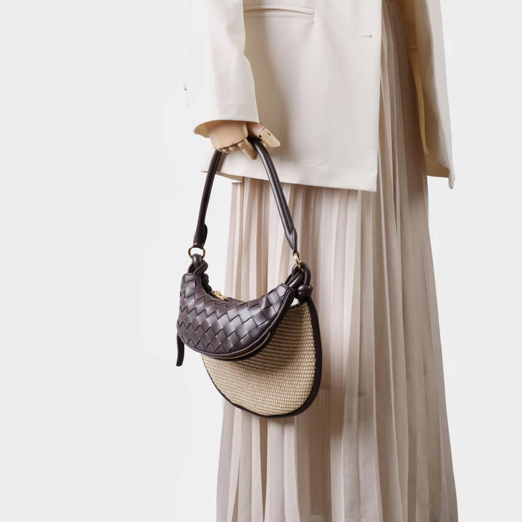 質感真皮|2025新款拉菲草編拼牛皮雙子包拼色月亮包度假單肩腋下包時尚編織包「9781-1」25.07-1