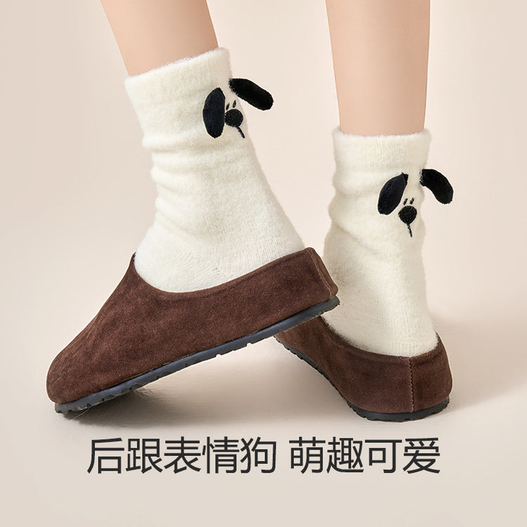 女襪|加絨加厚襪子女後跟立體小狗蓄熱保暖澳絨襪親膚舒適彈力中筒襪「HC5137」24.12-1