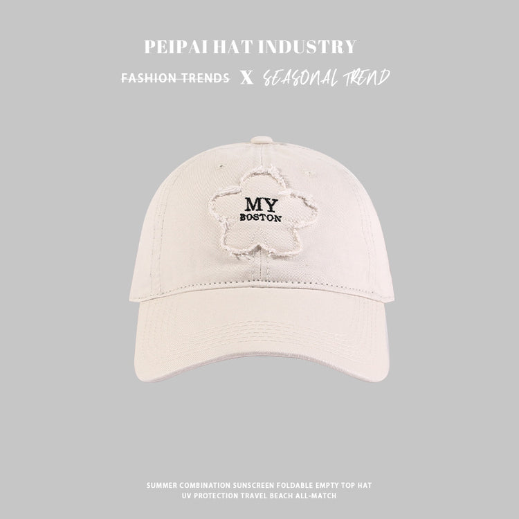 流行帽子|帽子女新款花朵貼布my刺繡棒球帽春秋季休閒百搭寬檐遮臉防曬帽潮「C4422」24.09-2